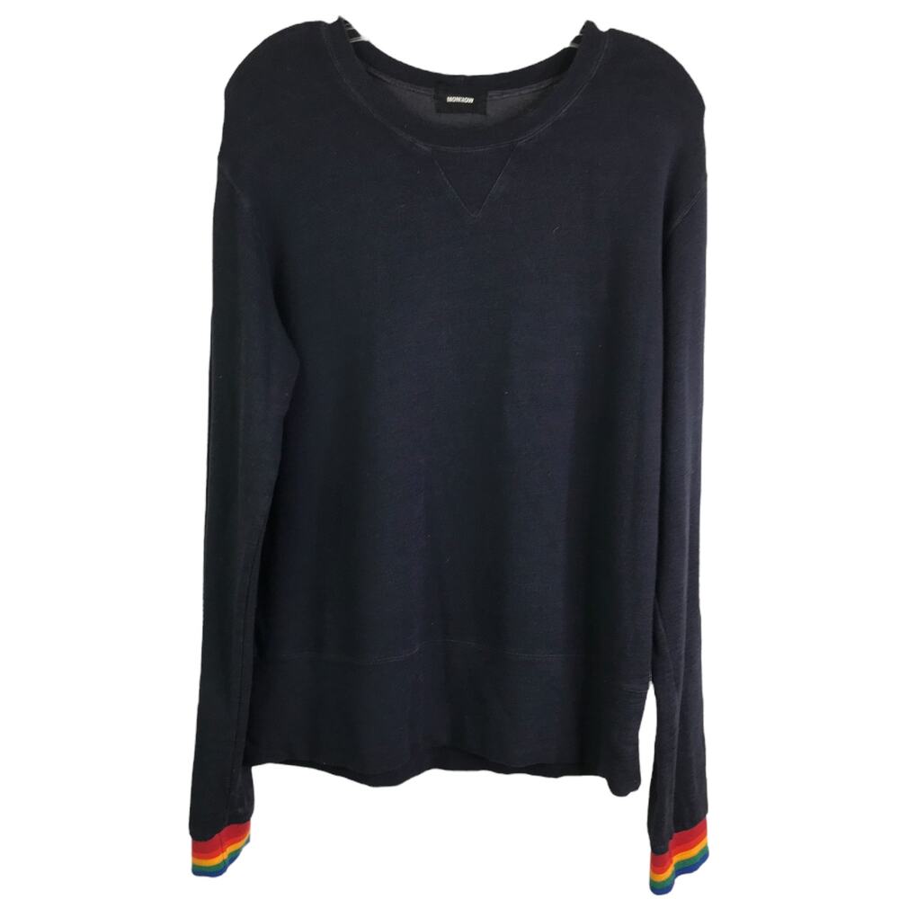 Monrow Sweatshirt Womens L Navy‎ Blue Crewneck Pullover Rainbow Wrists Stretch